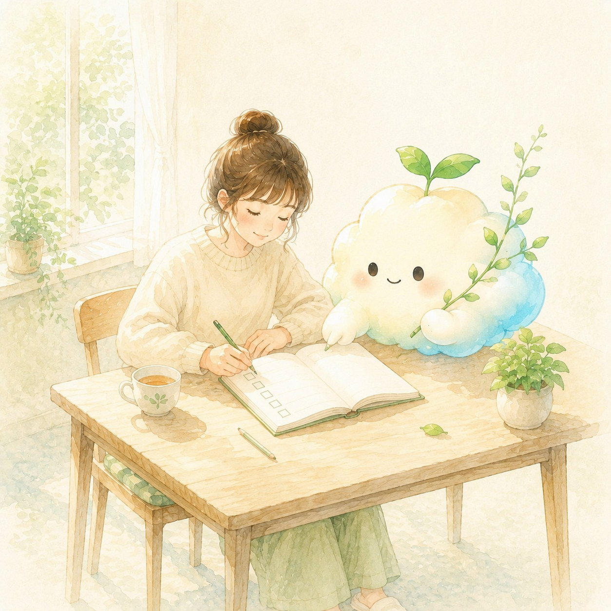 女主与序序一起制定健康计划的水彩插画